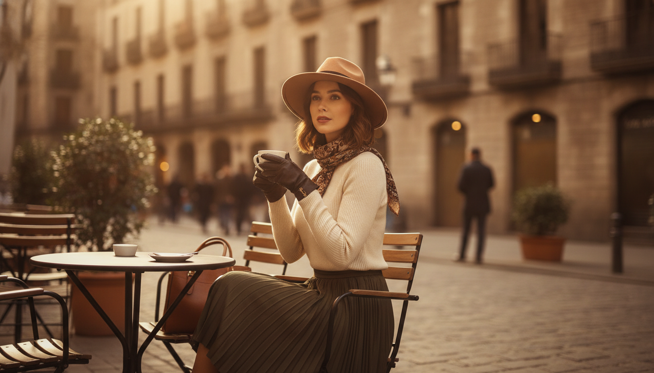 Mujer joven disfrutando de un café en una terraza del Barrio Gótico