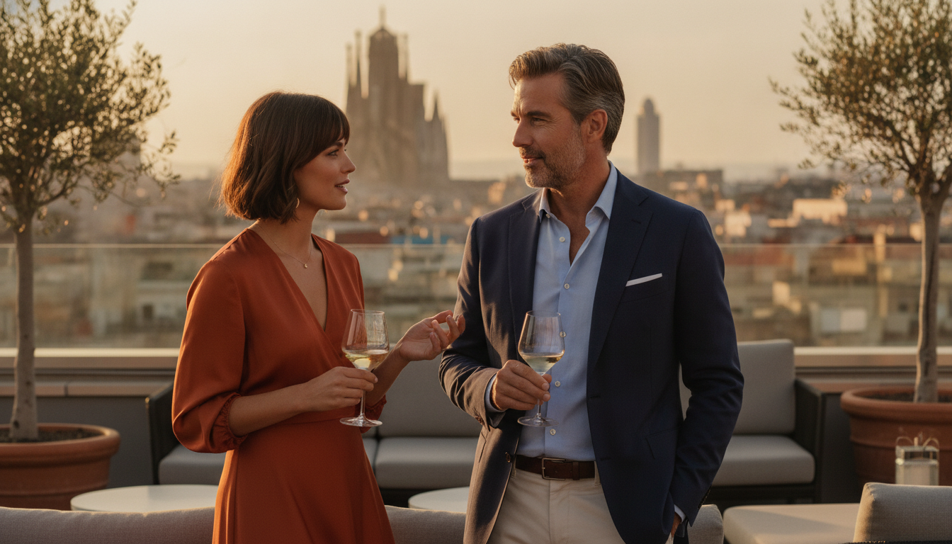 Pareja con diferencia de edad conversando en una terraza con vistas a Barcelona