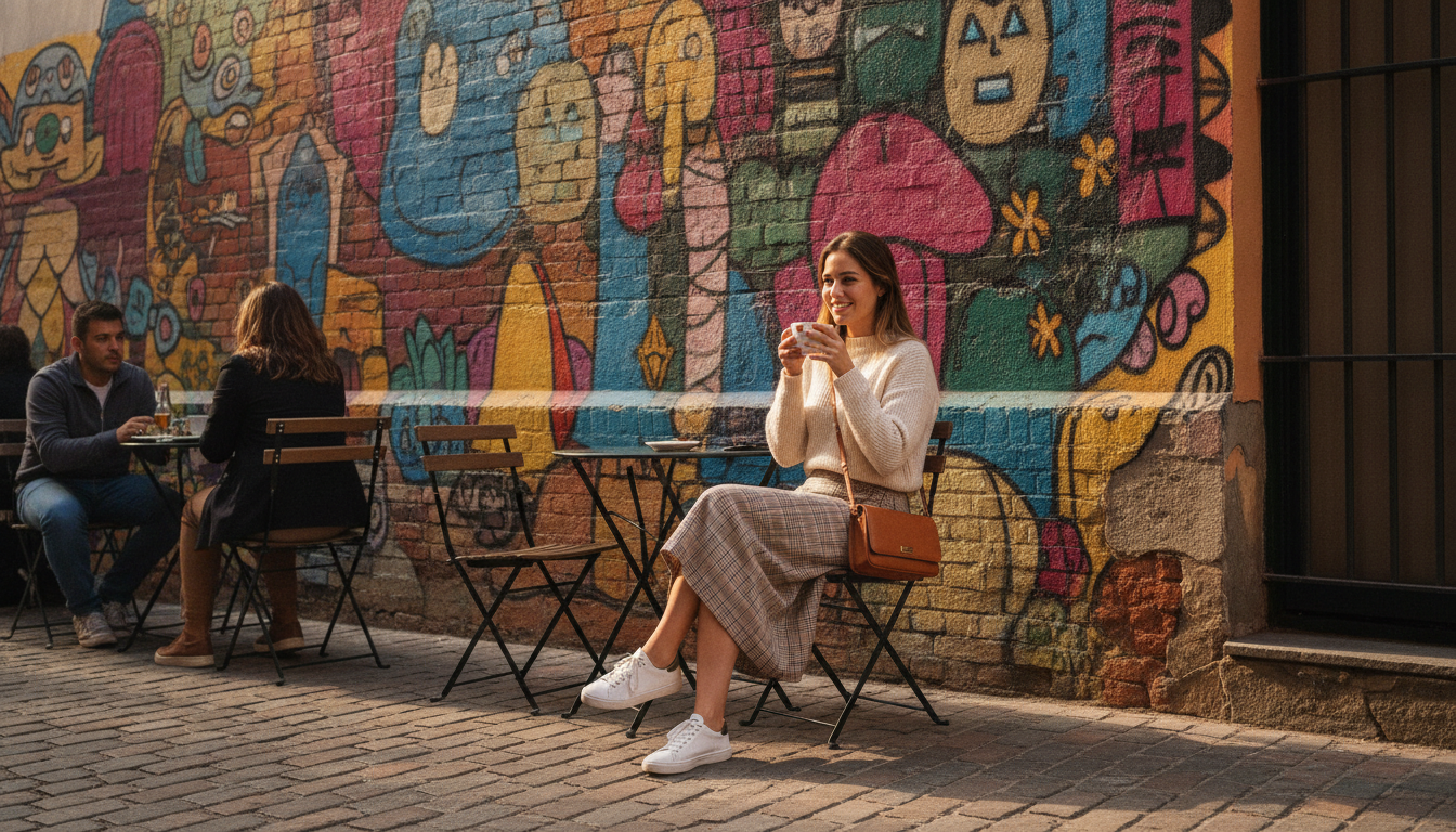 Mujer joven tomando café en una terraza de Malasaña, Madrid