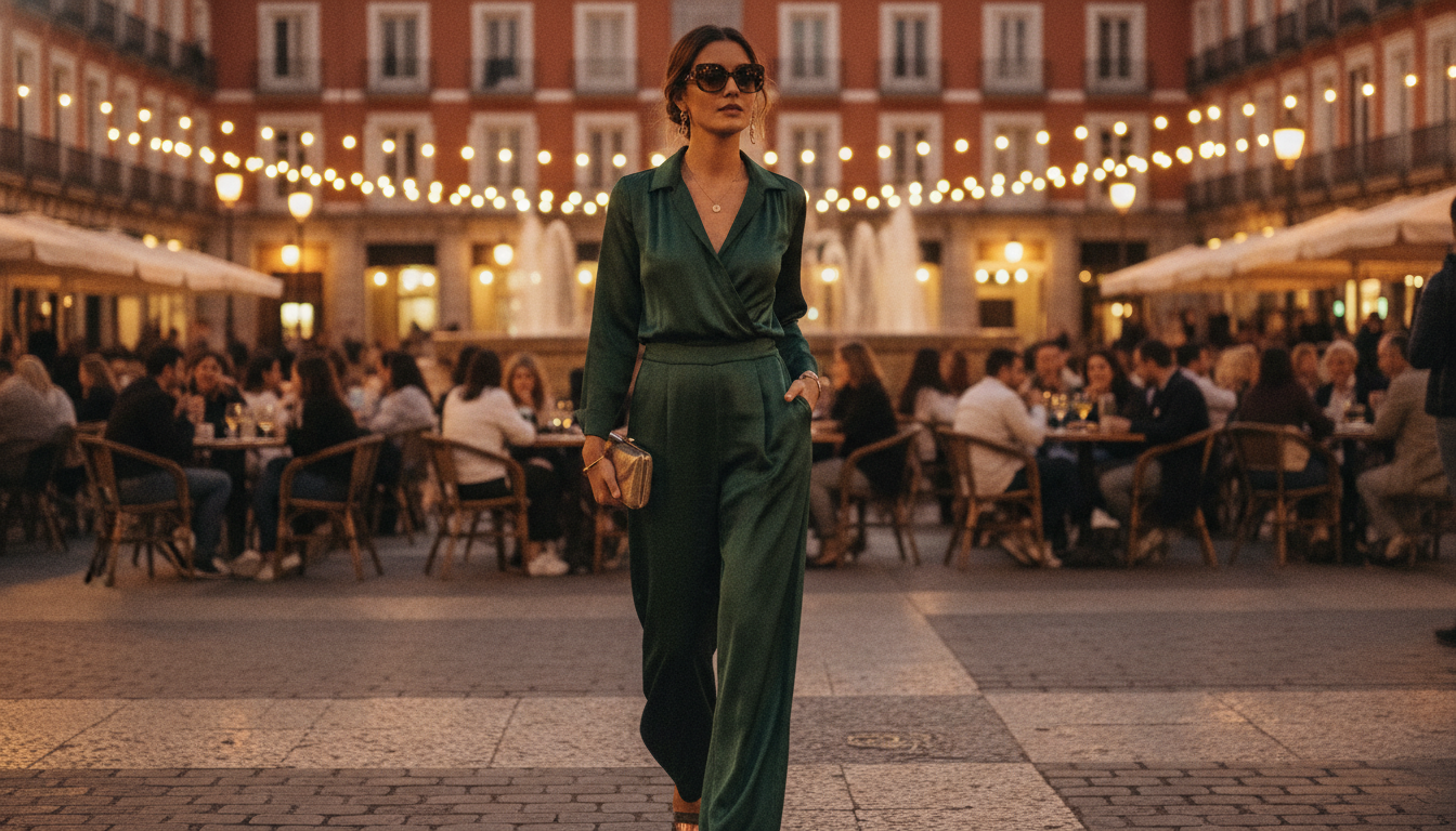 Mujer caminando de noche junto a una plaza animada de Madrid con terrazas