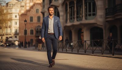 Hombre joven caminando sonriente por una calle soleada de Barcelona